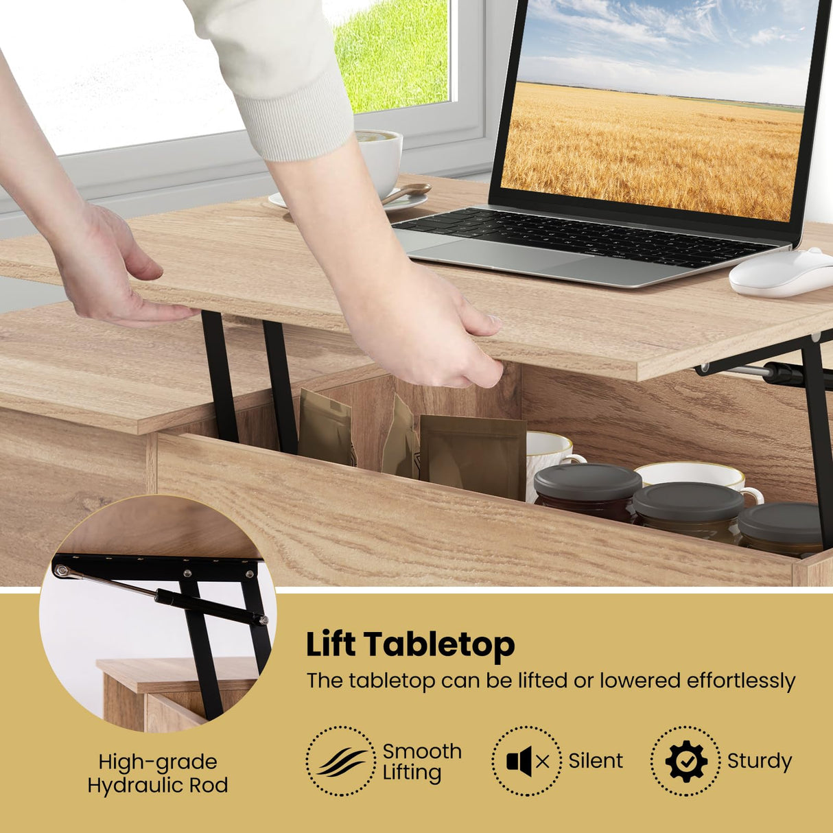 Giantex Lift Top Coffee Table, Modern Cocktail Table with Hidden Compartment, Open Shelf & Cabinet, Wooden Flip Top Center Table, Pull up Coffee Table for Home Office, Living Room (Natural) Giantex