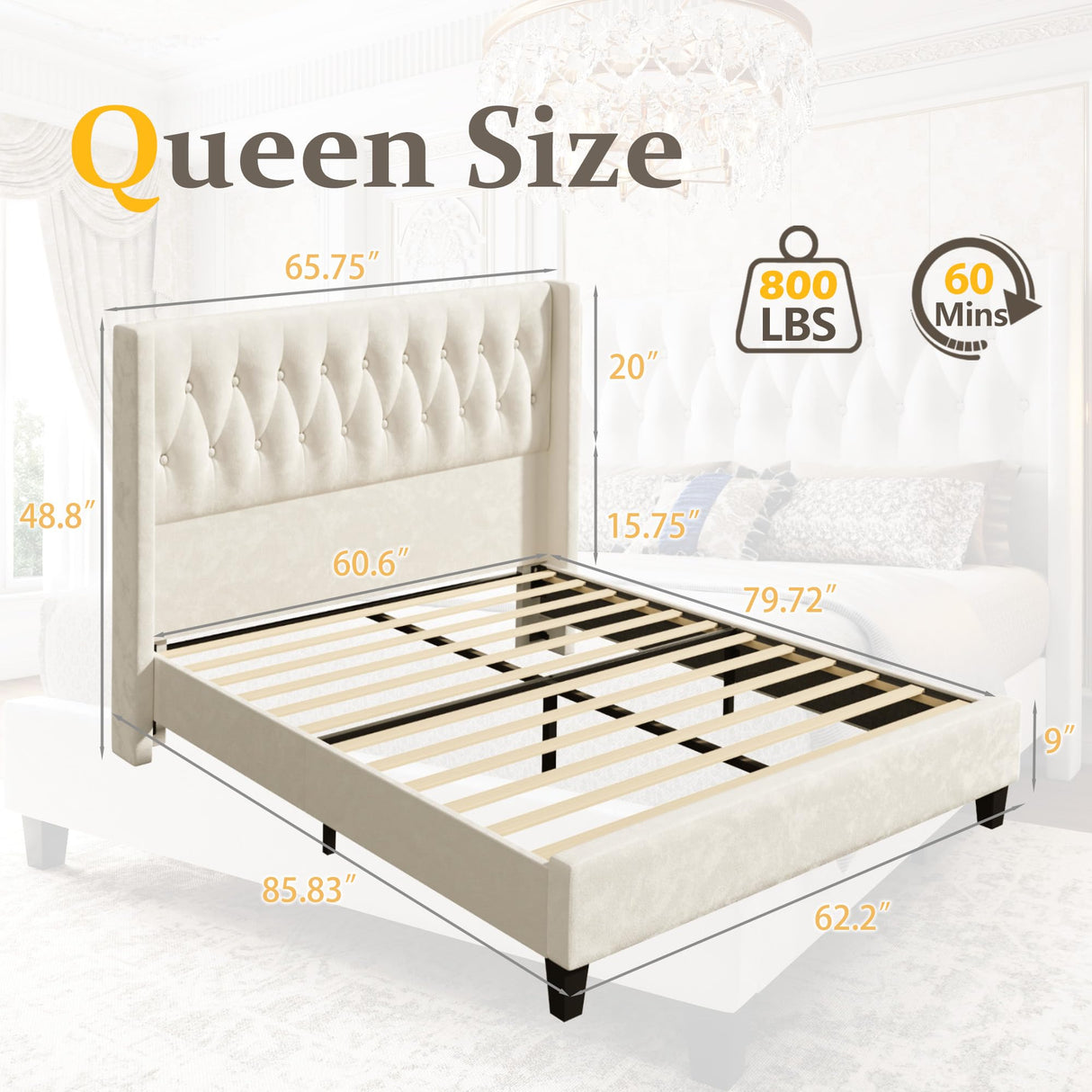 HISOFT Queen Bed Frame, Velvet Upholstered Queen Platform Bed with 48.8" Tall Wingback Headboard, Button Tufted, No Box Spring Needed, Noise-Free, Cream HISOFT
