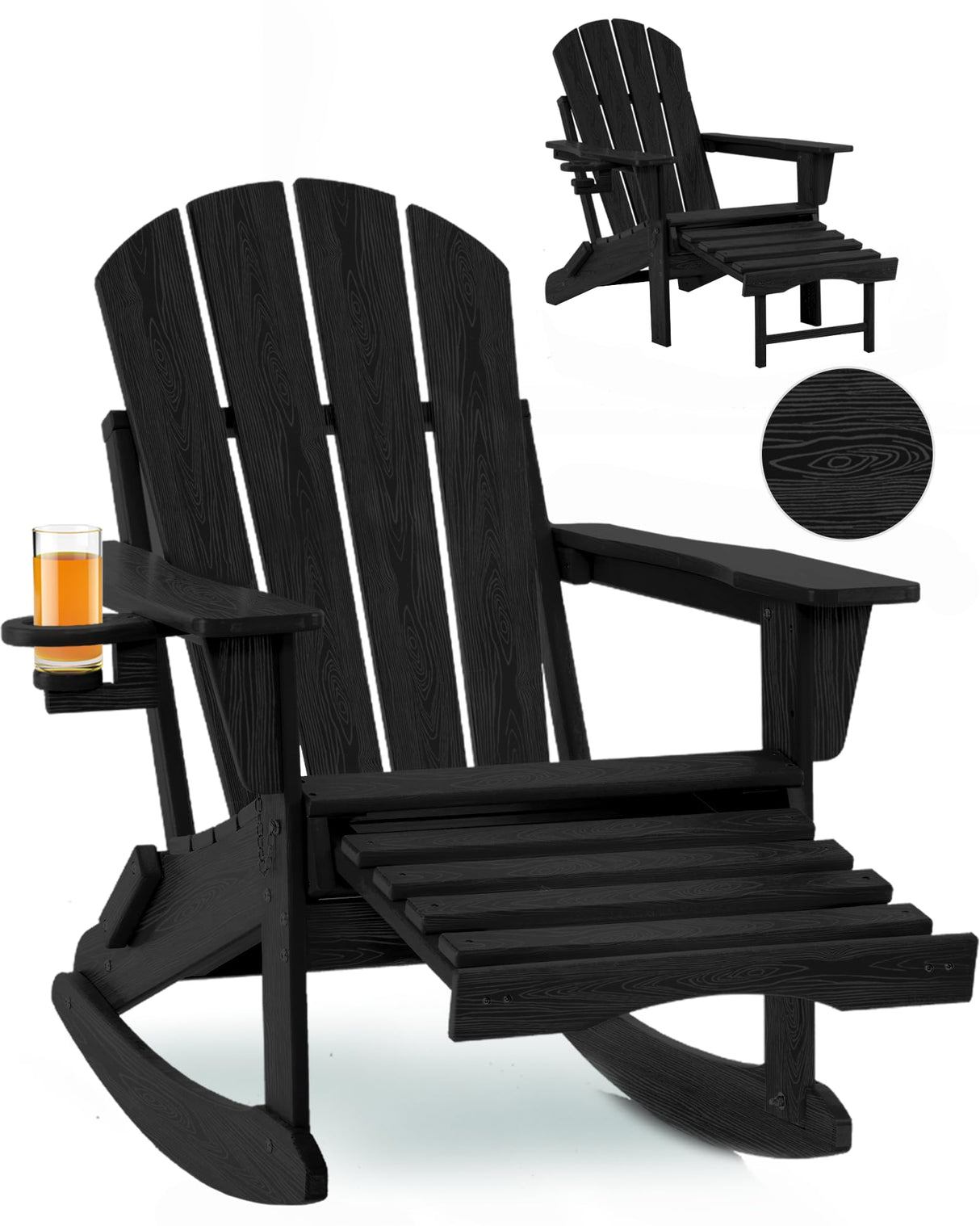 Serique 4-in-1 Multifunctional Folding Adirondack Rocking Chair, Patio Chair with Retractable Ottoman, Outdoor Chair Wood Texture, Lawn Chair for Porch, Backyard, Pool(Black) Serique
