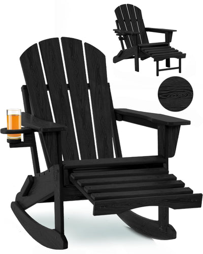 Serique 4-in-1 Multifunctional Folding Adirondack Rocking Chair, Patio Chair with Retractable Ottoman, Outdoor Chair Wood Texture, Lawn Chair for Porch, Backyard, Pool(Black)