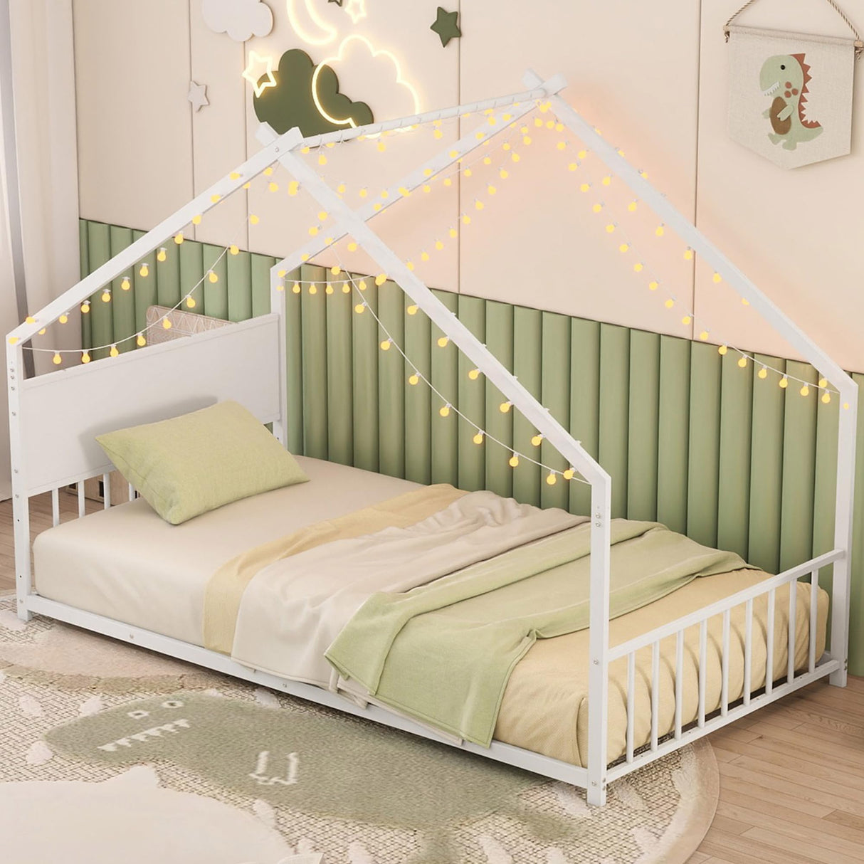 Twin Size Montessori Floor Bed with RGB LED Light, Twin Size House Floor Bed with High Headboard and Footboard, Twin Floor Bed with Slats, Twin Floor Bed for Kids(Twin White) Bellemave