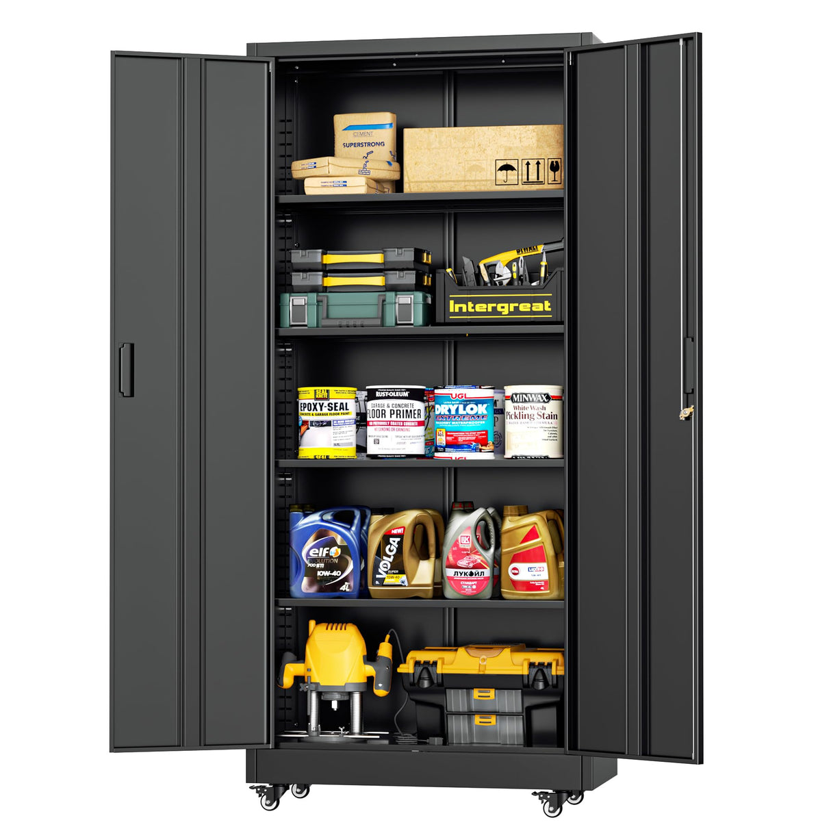 INTERGREAT Metal Storage Cabinets, 73" Tall Lockable Rolling Tool Cabinet with Pegboard and Shelves, Heavy-Duty File Cabinet with Wheels for Garage, Basement, Warehouse, Black INTERGREAT