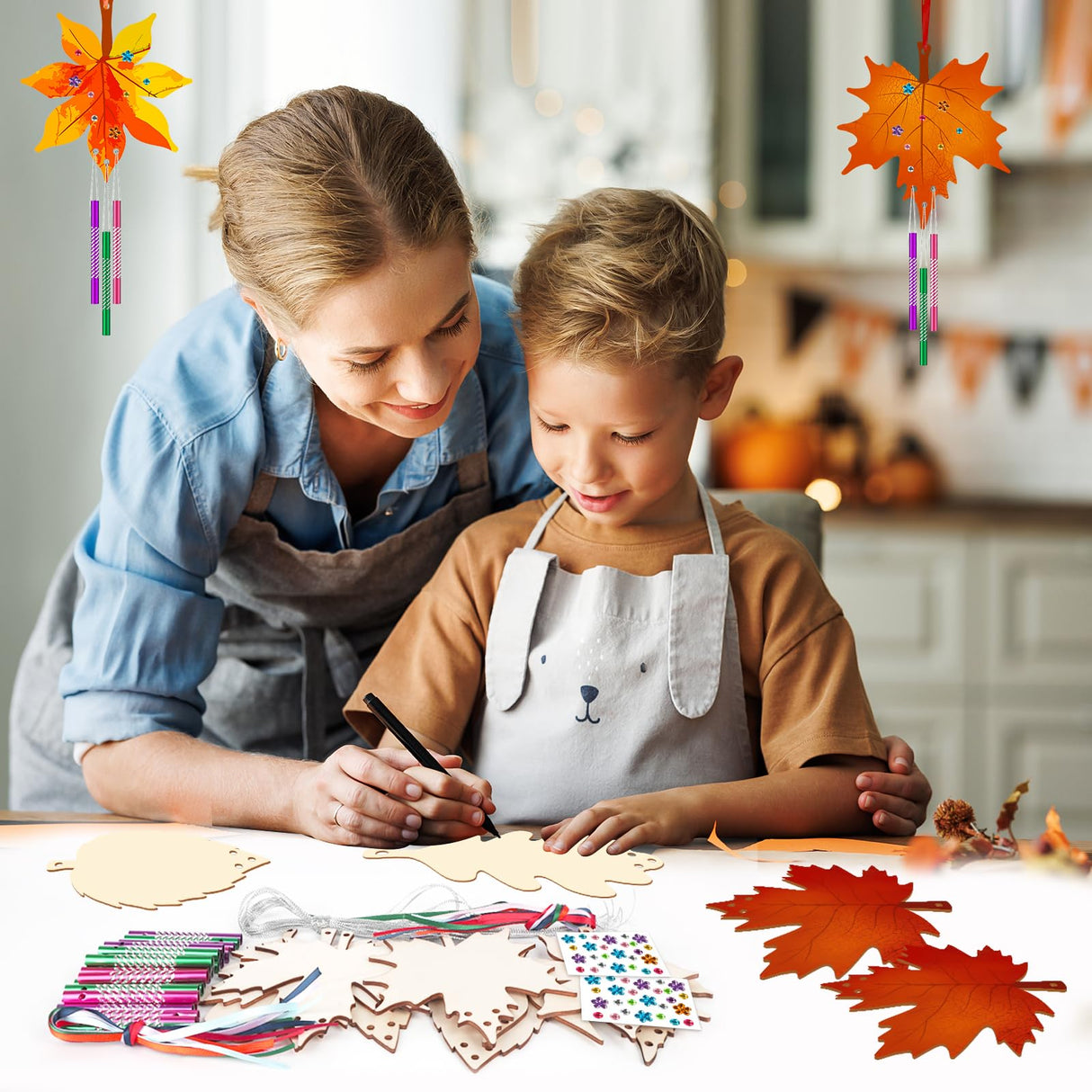 Wooden Fall Wind Chime Kit for Kids Make Your Own Maple Leaf DIY Wind Chime Kit Coloring Fall Craft for Kids Hanging Ornaments Thanksgiving Autumn Halloween Party Craft 9 Pack Sealmic