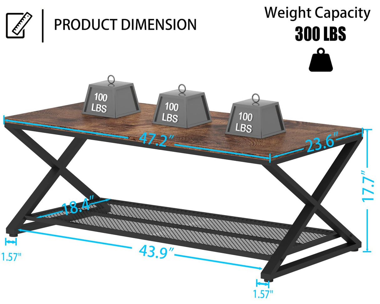LVB Rustic Coffee Table with Storage, Industrial Wood Metal 2 Tier Center Living Room Table with Mesh Shelf, Farmhouse Wooden Low Rectangle Cocktail Tea Table for Office Bedroom, 47 inch, Rustic Brown LVB