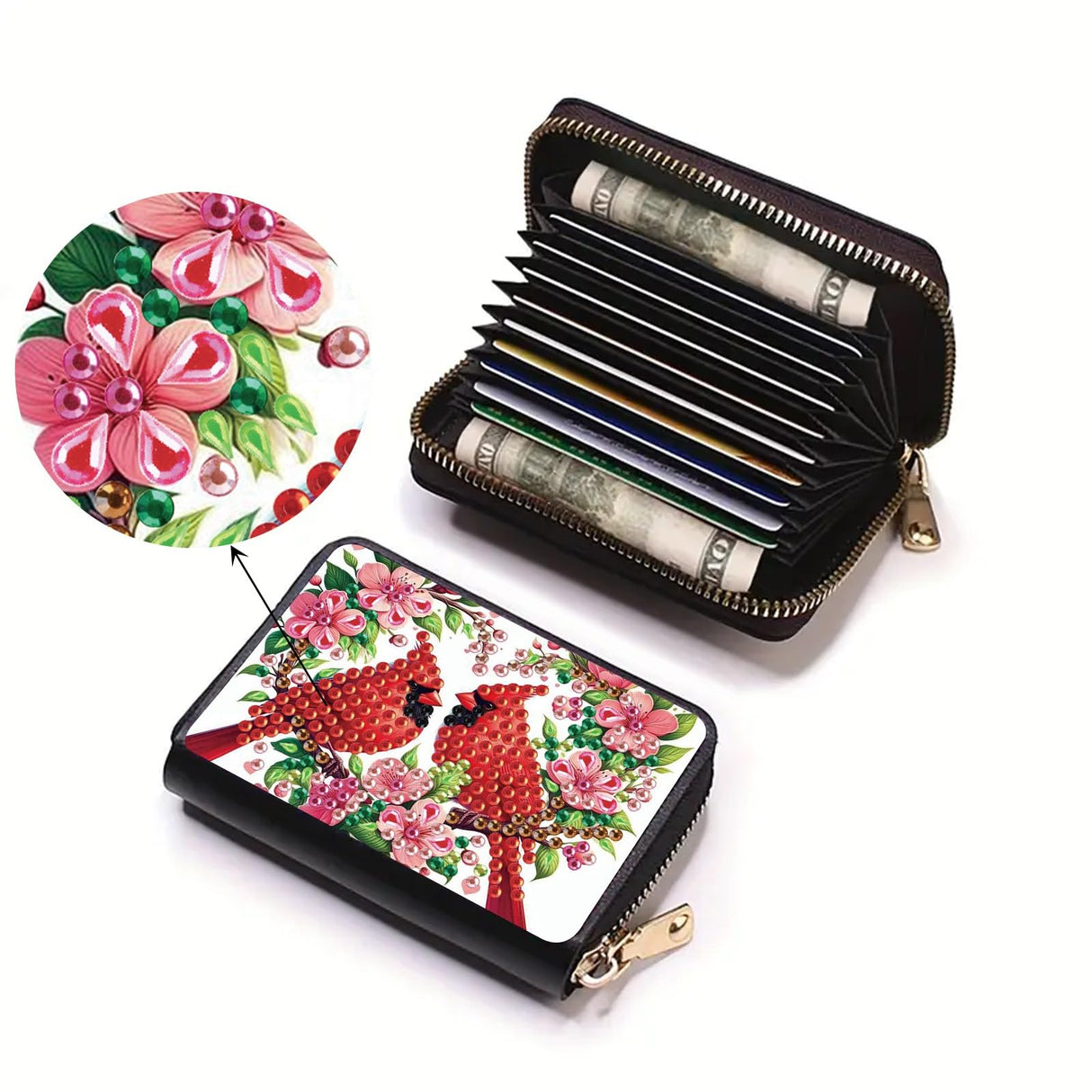 DoxQcs Mini Anti-demagnetization Coin Card Holder, DIY Diamond Art Painting Leather Zipper Card Case Wallet-Cardinal DoxQcs