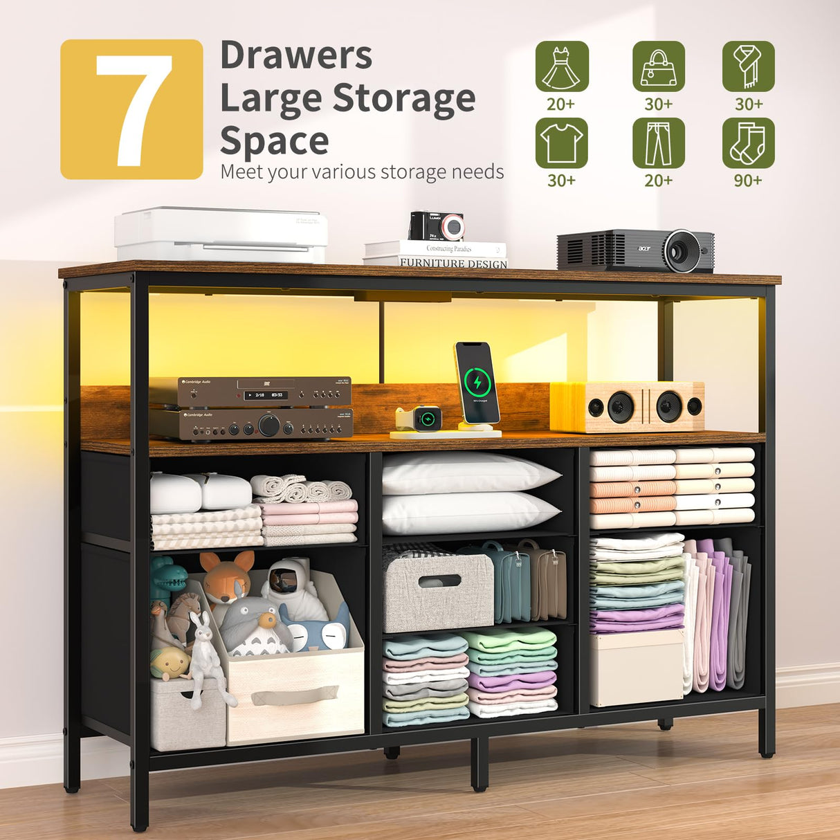 Yoobure TV Stand Dresser for Bedroom, 7 Fabric Drawers Entertainment Center, LED Dressers with Power Outlets, TV Stands for Living Room with Storage Shelf, TV Console Entertainment Stand up to 50" TV Yoobure