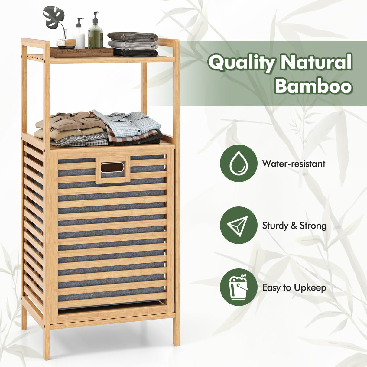 Giantex Tilt Out Laundry Hamper, Bamboo Laundry Storage Cabinet with 2-Tier Storage Shelves, Foldable & Removable Basket, Freestanding Laundry Basket Organizer for Bathroom, Laundry Room, Natural Giantex