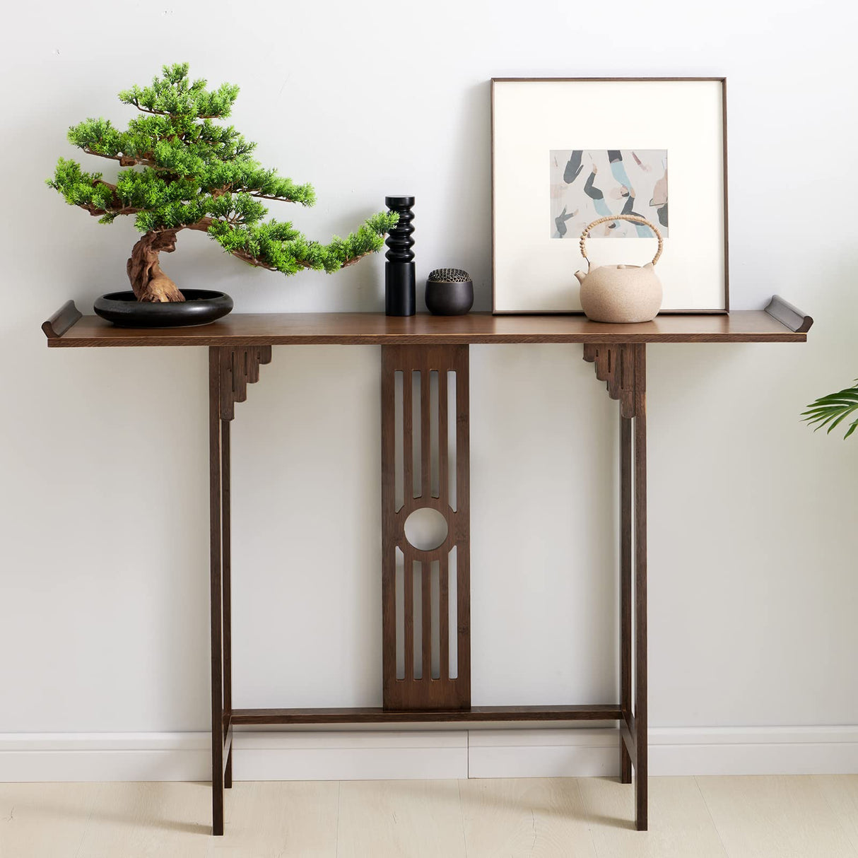 QUEWATSA 2-Tier Entryway Vintage Table, Bamboo Storage Console Table Sofa Table End Table Plant Photo Displaying Shelf Vintage Storage Shelves Living Room Long Accent End Table Sideboard (102*29*83cm) QUEWATSA