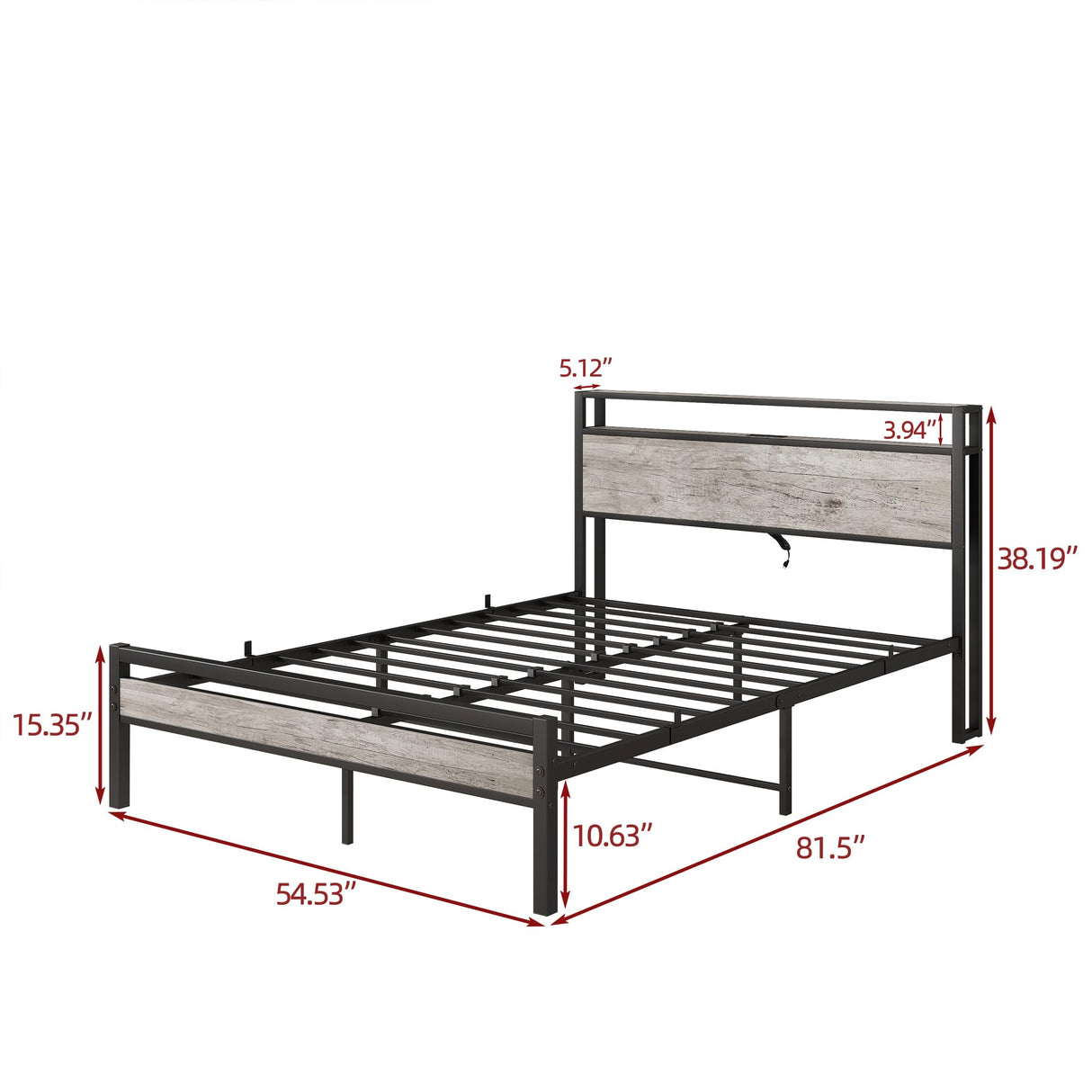 BOFENG Heavy Duty Full Size Bed Frame with Storage Headboard and Charging Station, Grey Oak BOFENG