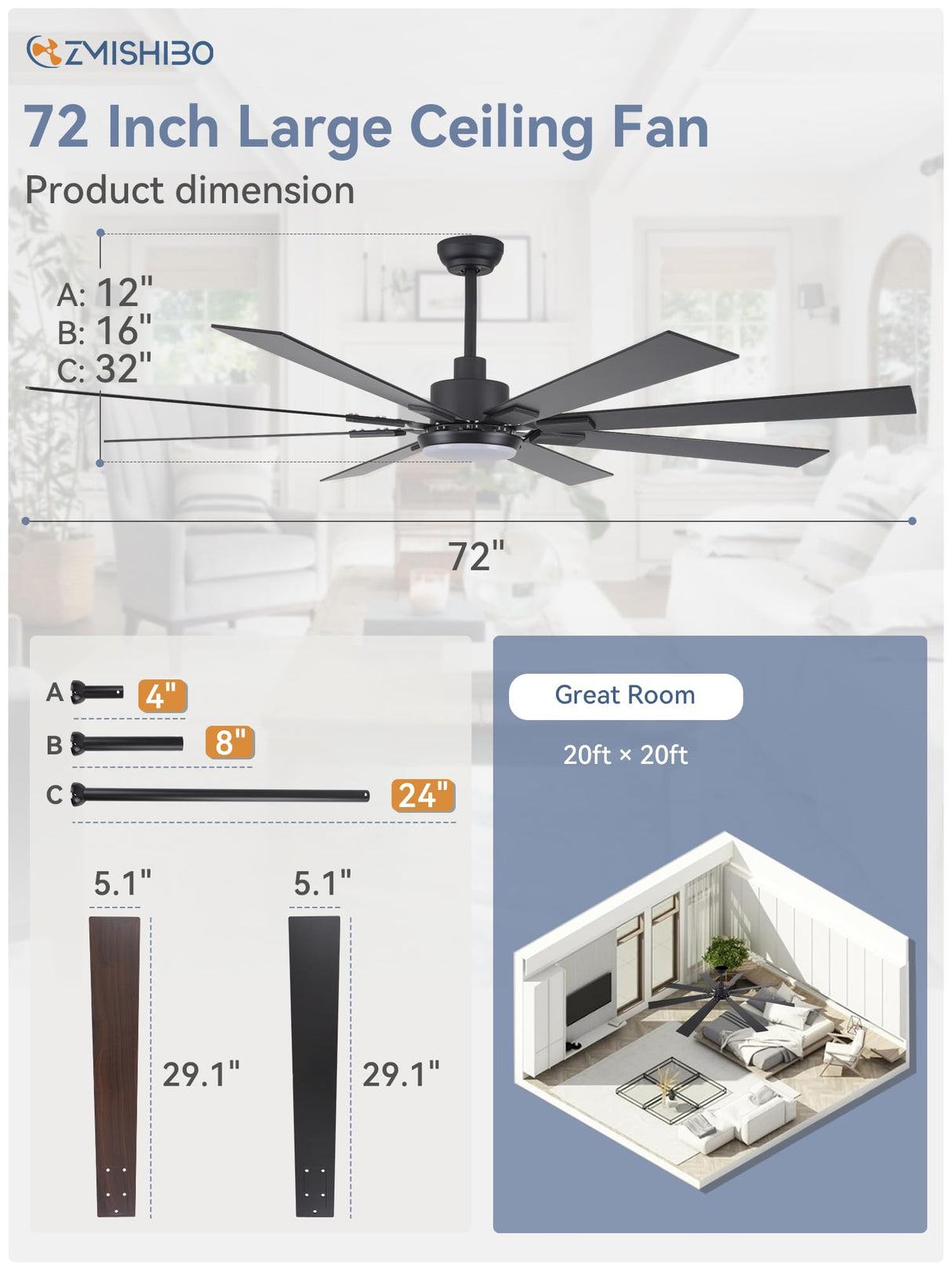 ZMISHIBO 72 inch Large Ceiling Fans with Lights and Remote, Indoor/Outdoor Black Modern Ceiling Fan for Kitchen Living Room Patio, 6 Speed Reversible Quiet DC Motor, 3 CCT, Dual Finish 8 Blades ZMISHIBO