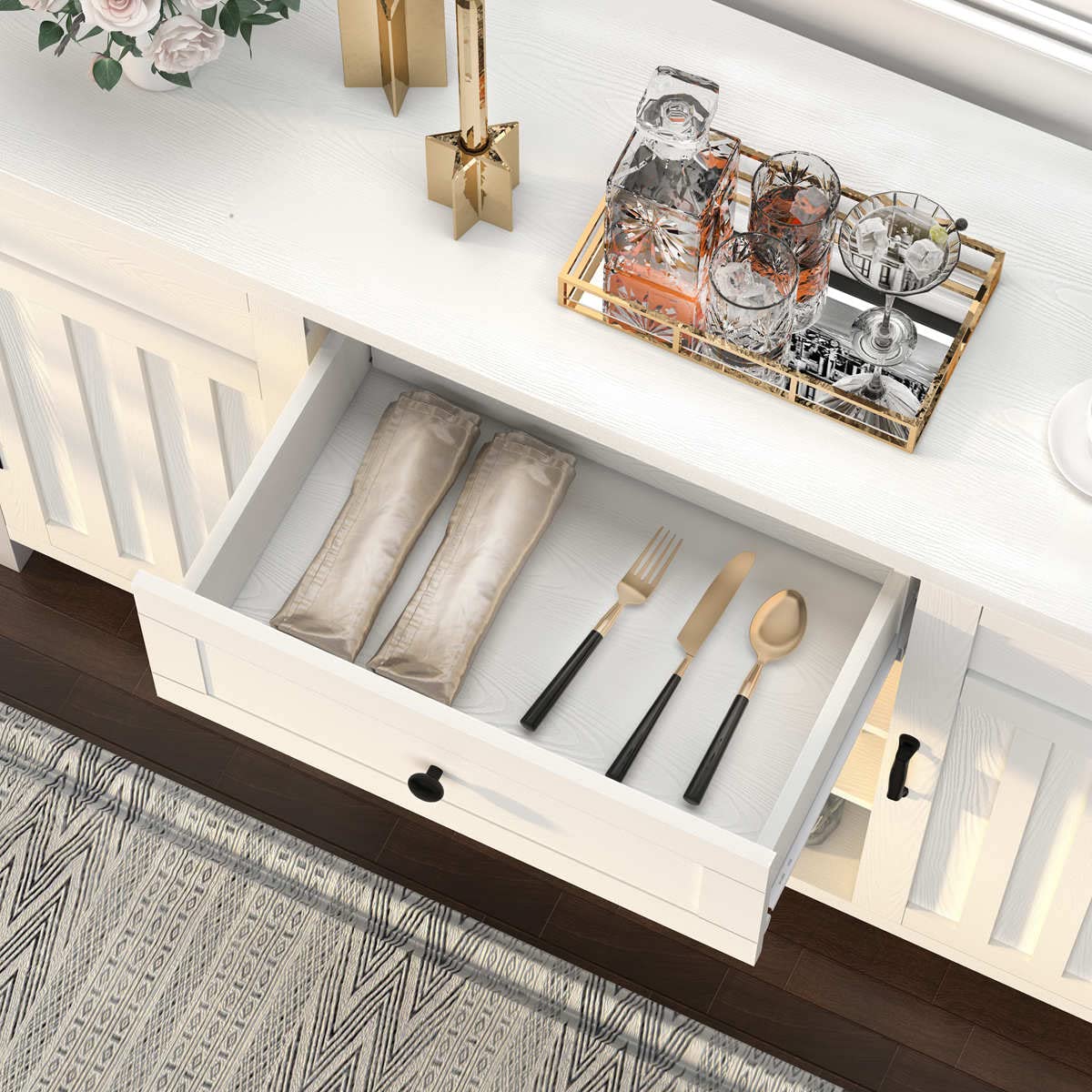 FATORRI Industrial Buffet Cabinet with Storage, Wood Buffet and Sideboard with Wine Rack, Rustic Credenza Coffee Bar Cabinet for Kitchen Dining Room (55.12 Inch, White Oak) FATORRI