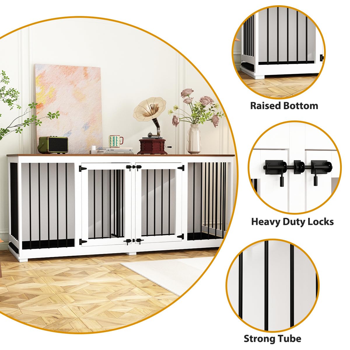 DAWNSPACES Dog Crate Furniture 71" Heavy Duty Wooden Large Dog Kennel with Trays, Removable Divider, Indoor Furniture Style Dog Crate House W/Double Rooms for Large Medium Small Dogs, White DAWNSPACES