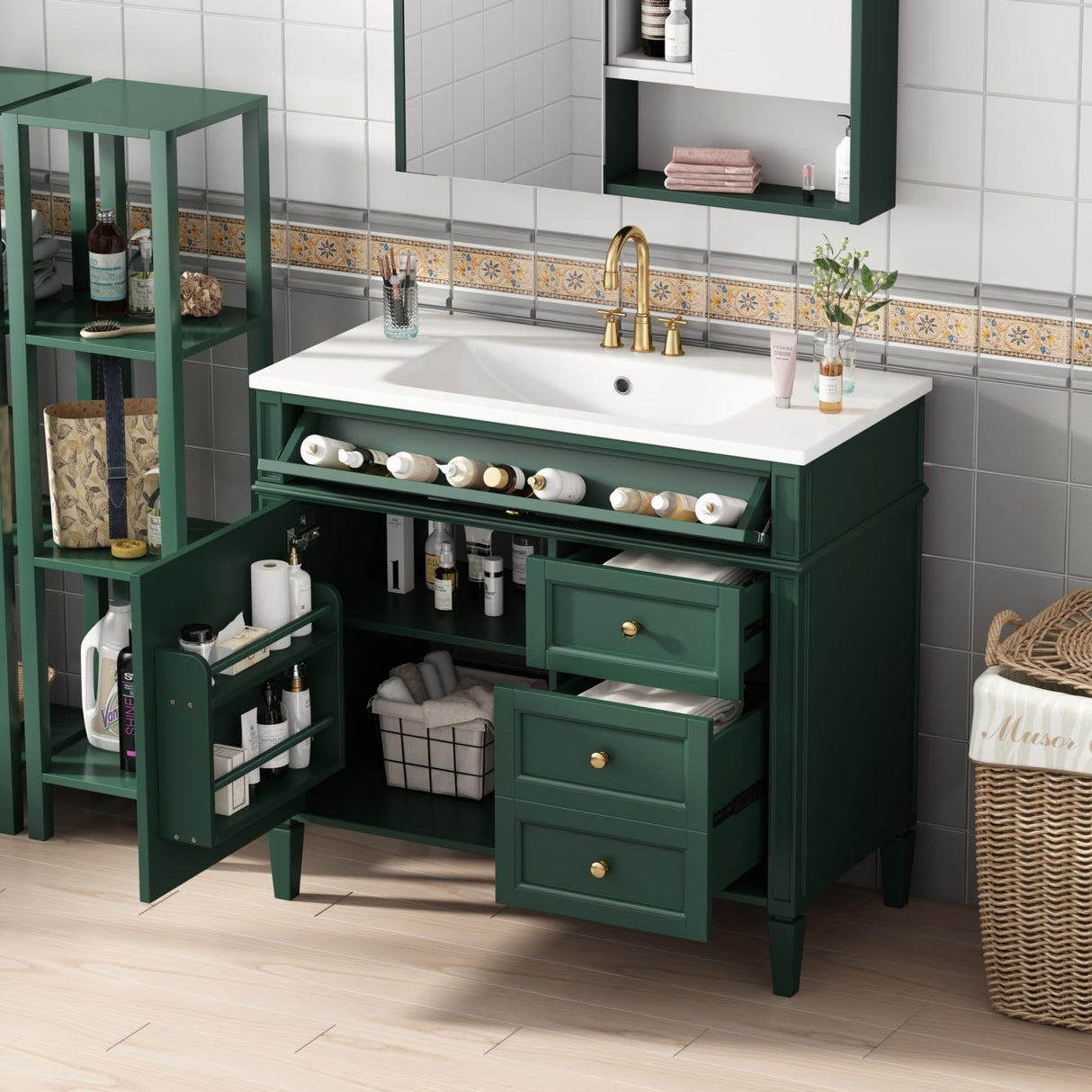 36'' Bathroom Vanity with Top Single Resin Sink Countertop, Solid Wood Frame Modern Storage Cabinet, Tip-Out Drawer, Soft Closing Doors, Green Merax