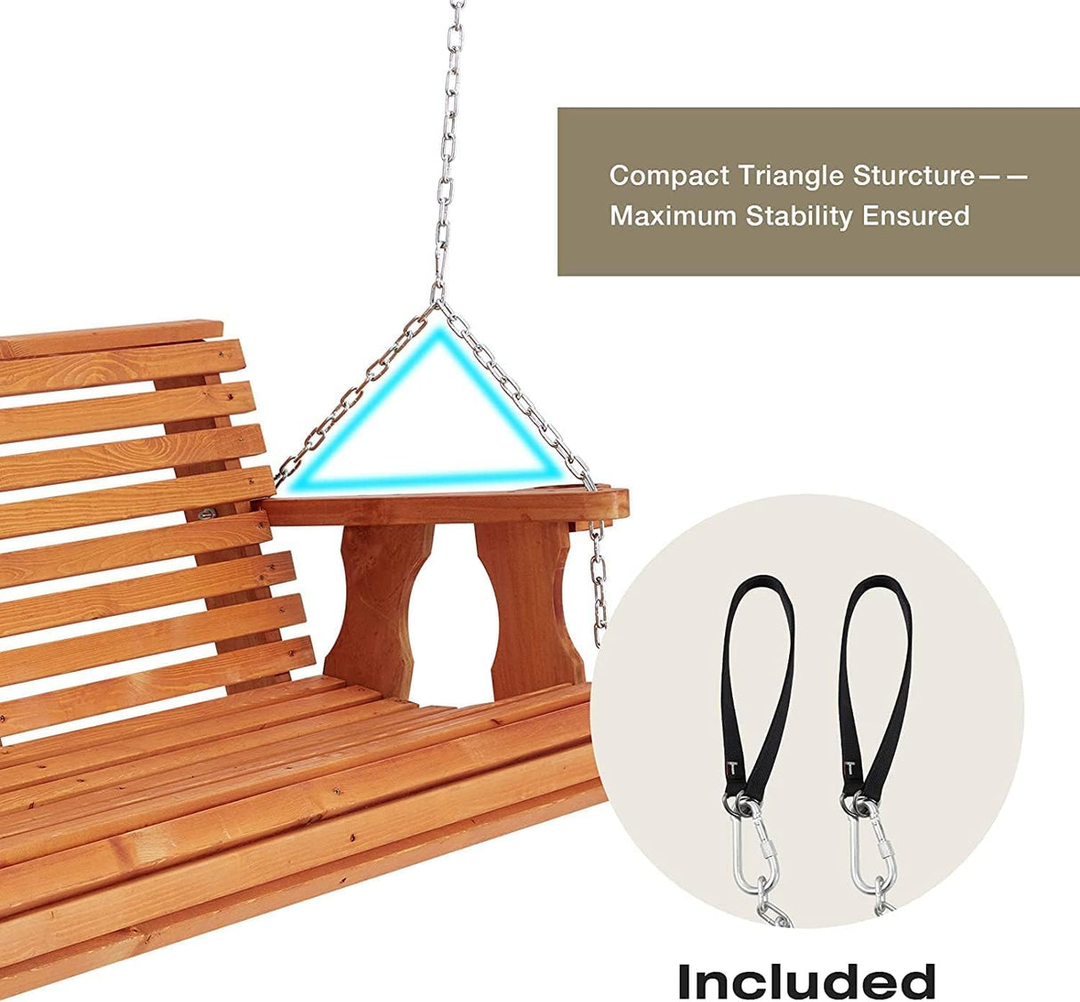 U-MAX Wooden Porch Swing 2-Seater,Swing Bench with Cupholders, Heavy Duty 800 LBS,Hanging Porch Swing Chair for Outdoor Patio Garden Yard(6.5FT&Brown) U-MAX