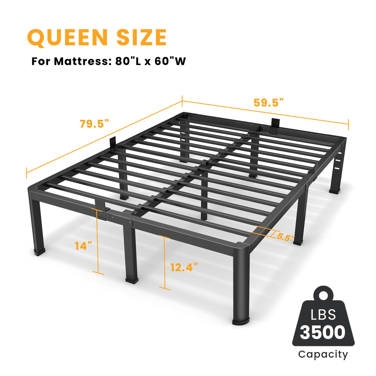 14 Inch Queen Bed Frame, Metal Platform Bed Frame with Round Corner Legs, 3500 lbs Heavy Duty Steel Slats Support, No Box Spring Needed, Noise Free, Easy Assembly, Black Superay