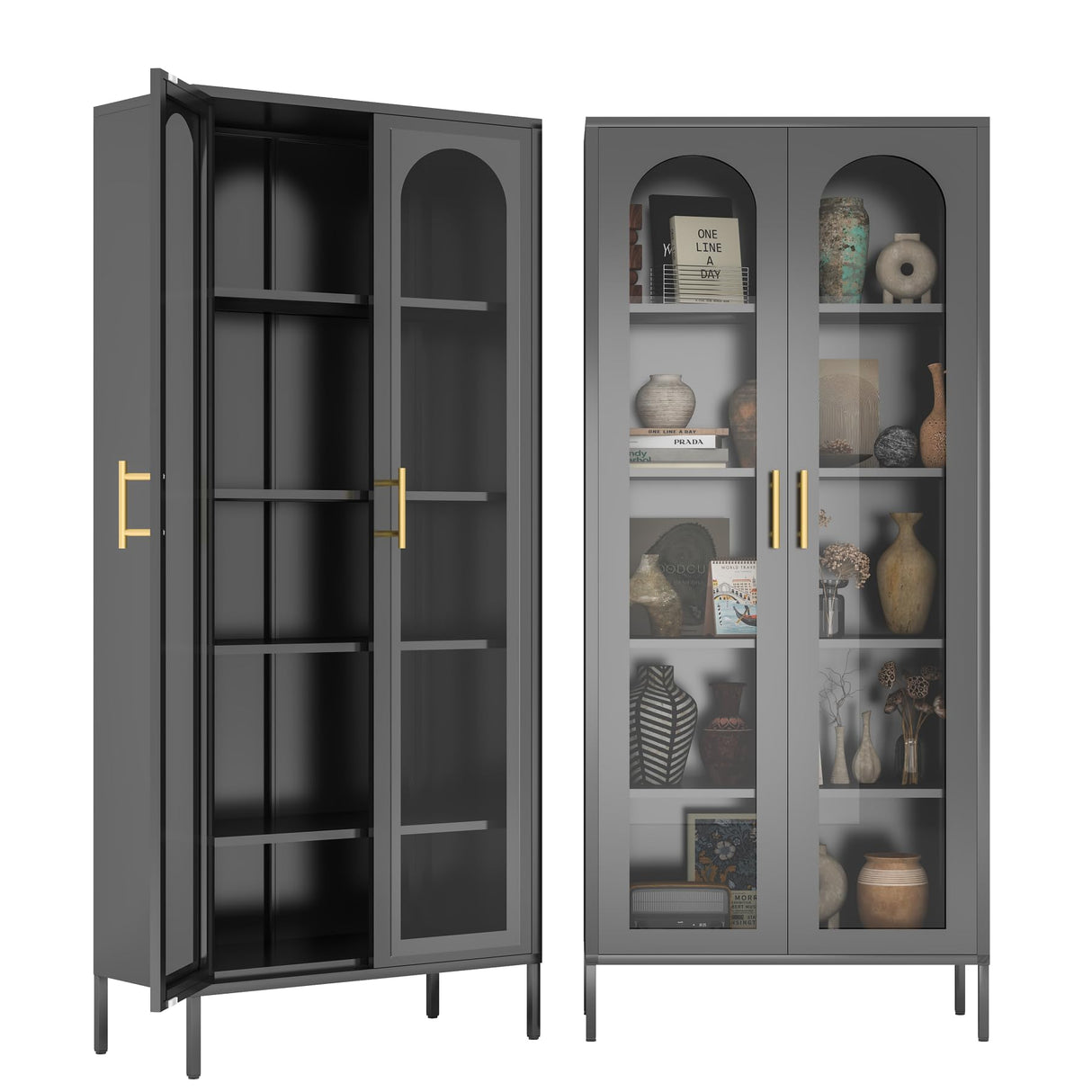 RGGCABINET Display Cabinet, Metal Curio Cabinets with Glass Doors, Black Kitchen Pantry Cabinet, 71" Tall Storage Cabinet with Adjustable Shelves, Lego Glass Cabinet for Dining Room, Home Office RGGCABINET