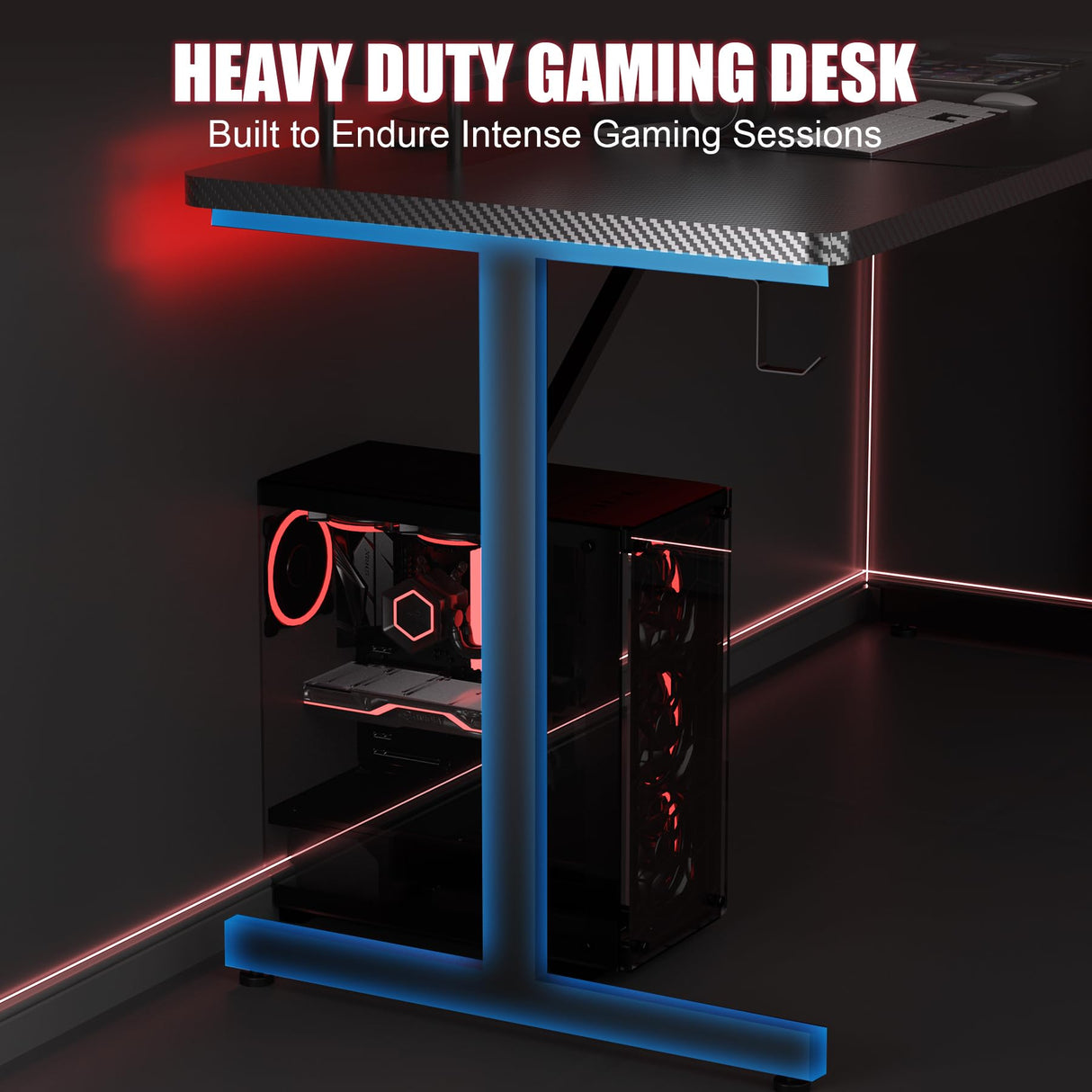 GTRACING Gaming Desk 55 Inch with LED Lights, Large Computer Desk with Mouse Pad for Home Office, T-Shaped Carbon Fibre Surface PC Game Workstations with Headphone Hook, Black GTRACING