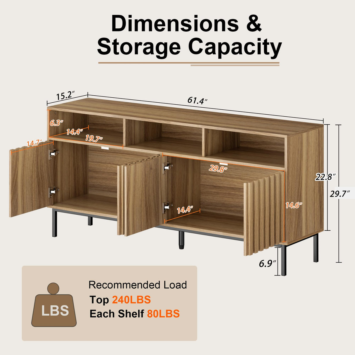 UEV Mid Century Modern Sideboard Buffet Cabinet with Storage, 61.4'' Fluted Sideboard Cabinet,Wood Buffet Cabinet with Metal Legs,Accent Credenza Storage Cabinet with 4 Doors and Spacious Top(Wood) UEV