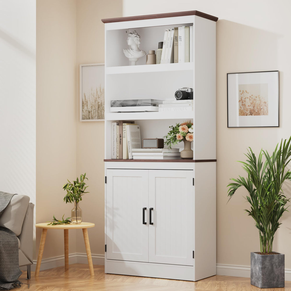 MHOM 71" Tall Bookshelf with Doors, 5 Tiers Farmhouse Bookcase with Adjustable Shelves, Wooden Rustic Display Cabinet for Home Office, Living Room, White MHOM