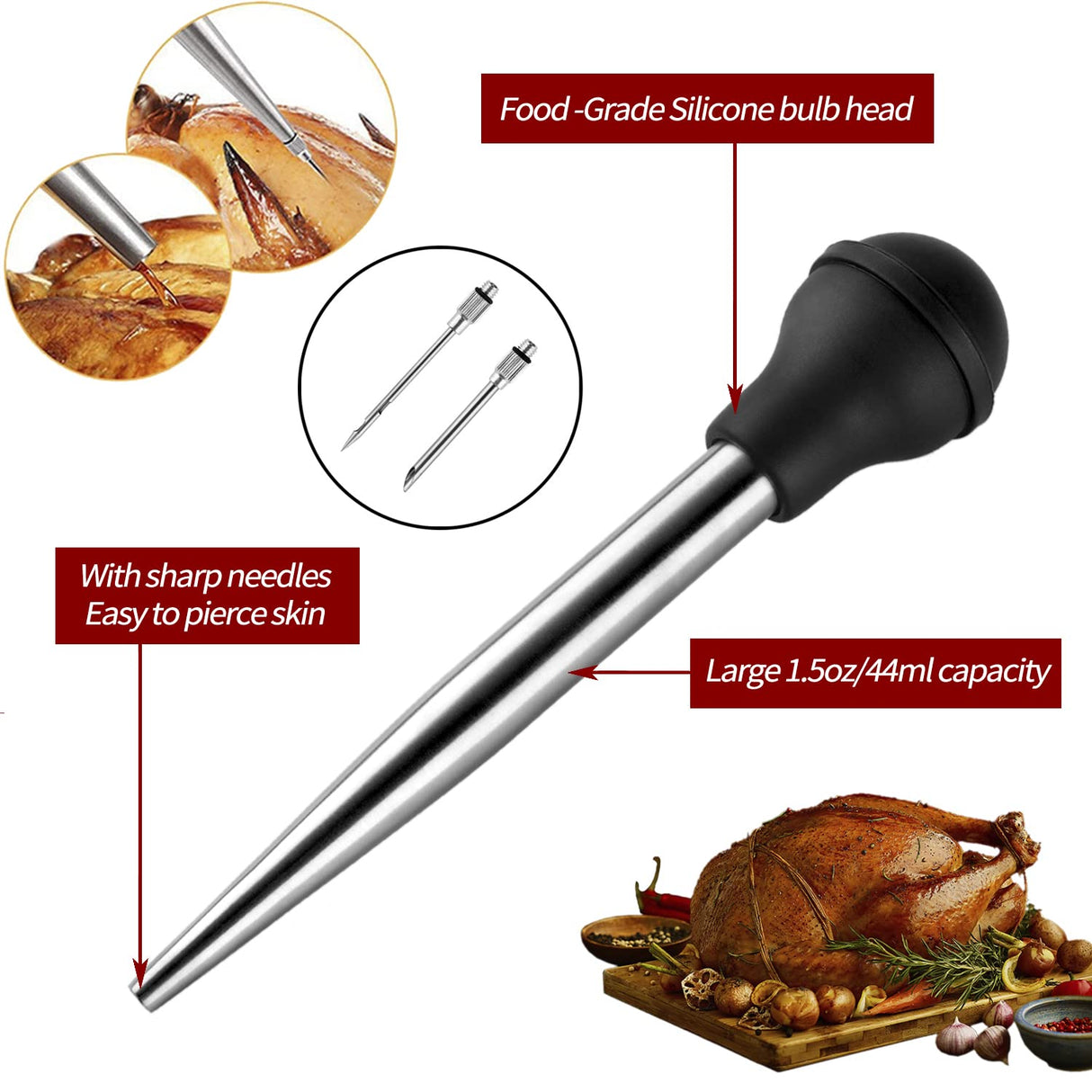 JY COOKMENT Stainless Steel Turkey Baster Baster Syringe for Cooking Meat Injector Set with 2 Marinade Needles 1 Cleaning Brush for Home Baking Kitchen Tool JY COOKMENT