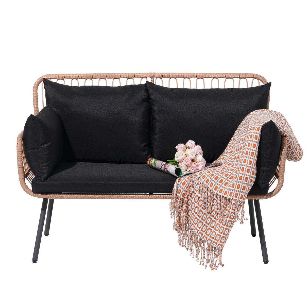 Verano Garden Patio Loveseat, Outdoor Balcony Furniture, Wicker Patio Set with Cushions & Pillows, Patio Furniture Couch for Porch, Backyard, Deck, Poolside (Black) Verano Garden