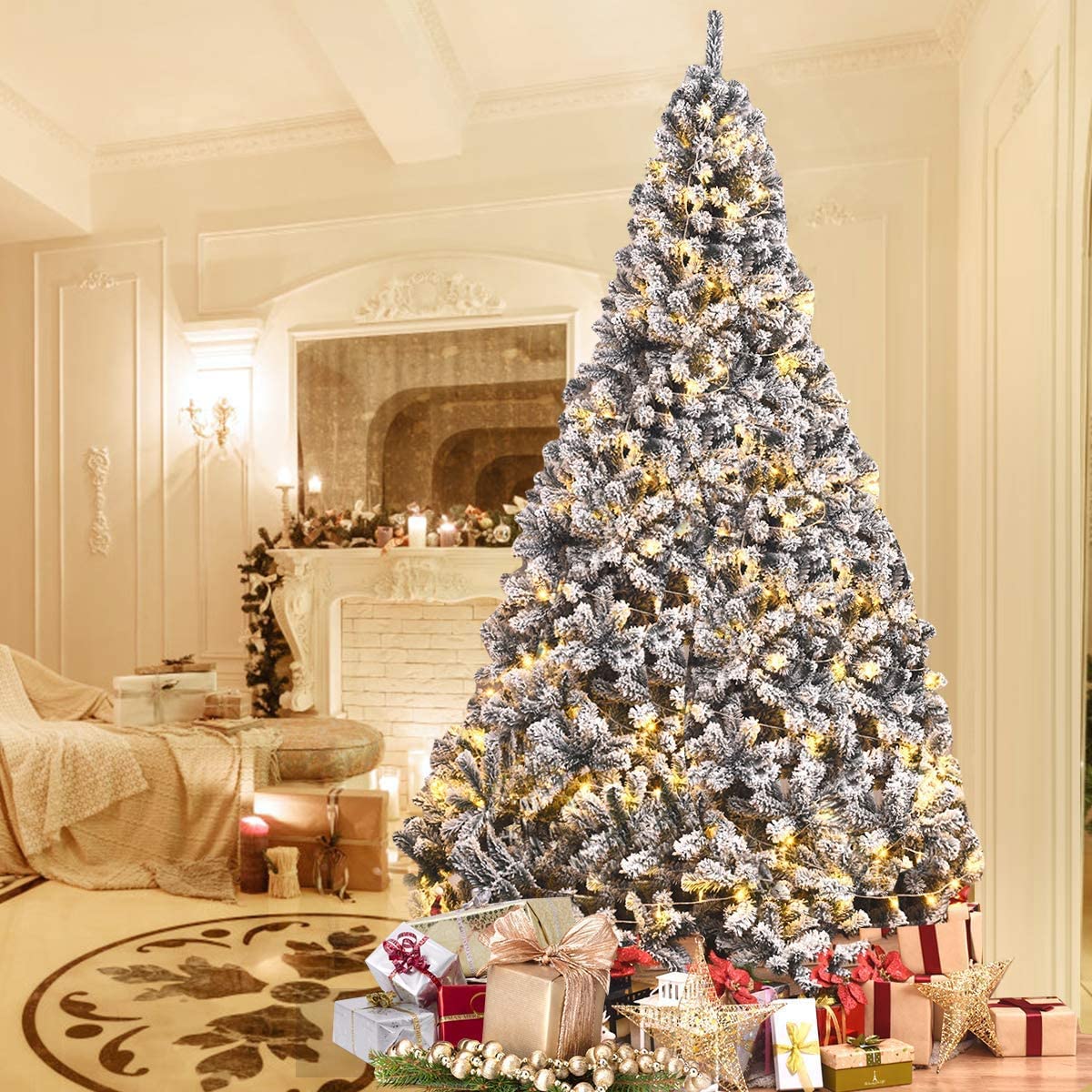 SPSUPE Artificial Christmas Tree, Premium PVC Xmas Full, Flocked Snow Pine Tree with Solid Metal Stand, Ideal for Indoor and Outdoor (9FT), White SPSUPE