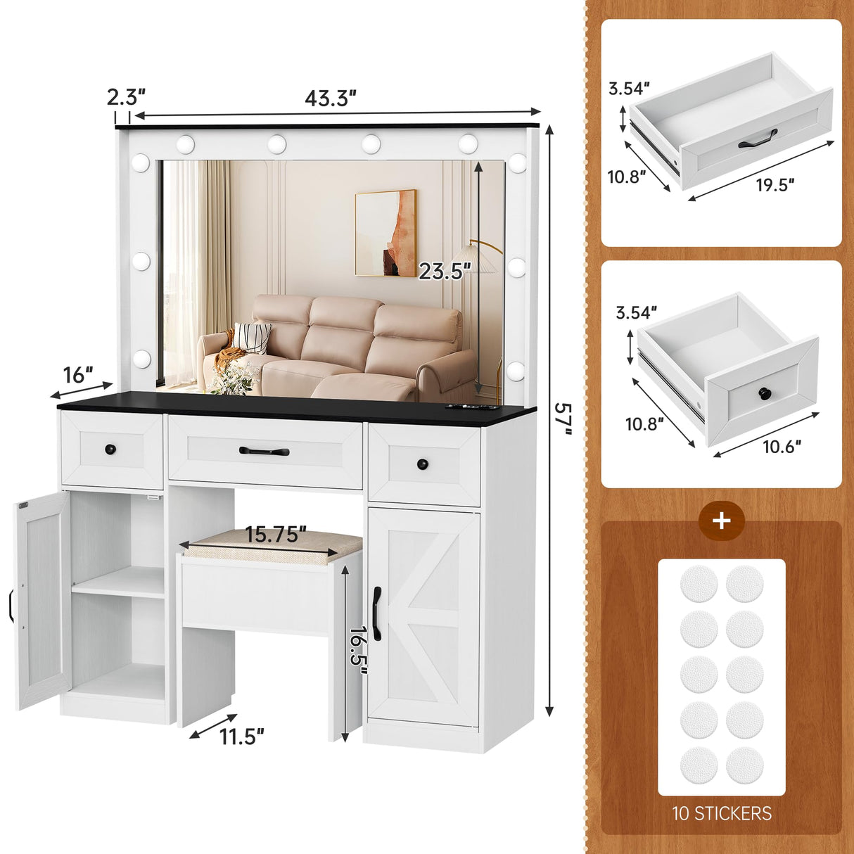 Greenvelly Farmhouse Vanity with Lights Desk and Chair,White Vanity Desk with Mirror and Lights,3 Lighting Modes,Dressing Table with Drawers,Vanity Table Set for Women,Girls Greenvelly