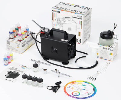 MEEDEN Airbrush Kit with Compressor and Paint: 1/5 HP Quiet Air Compressor for Model Painting with 3 Dual-Action Airbrush Guns - 24 Colors x 30ml Acrylic Spray Paint Set with Hose Holder Cleaner