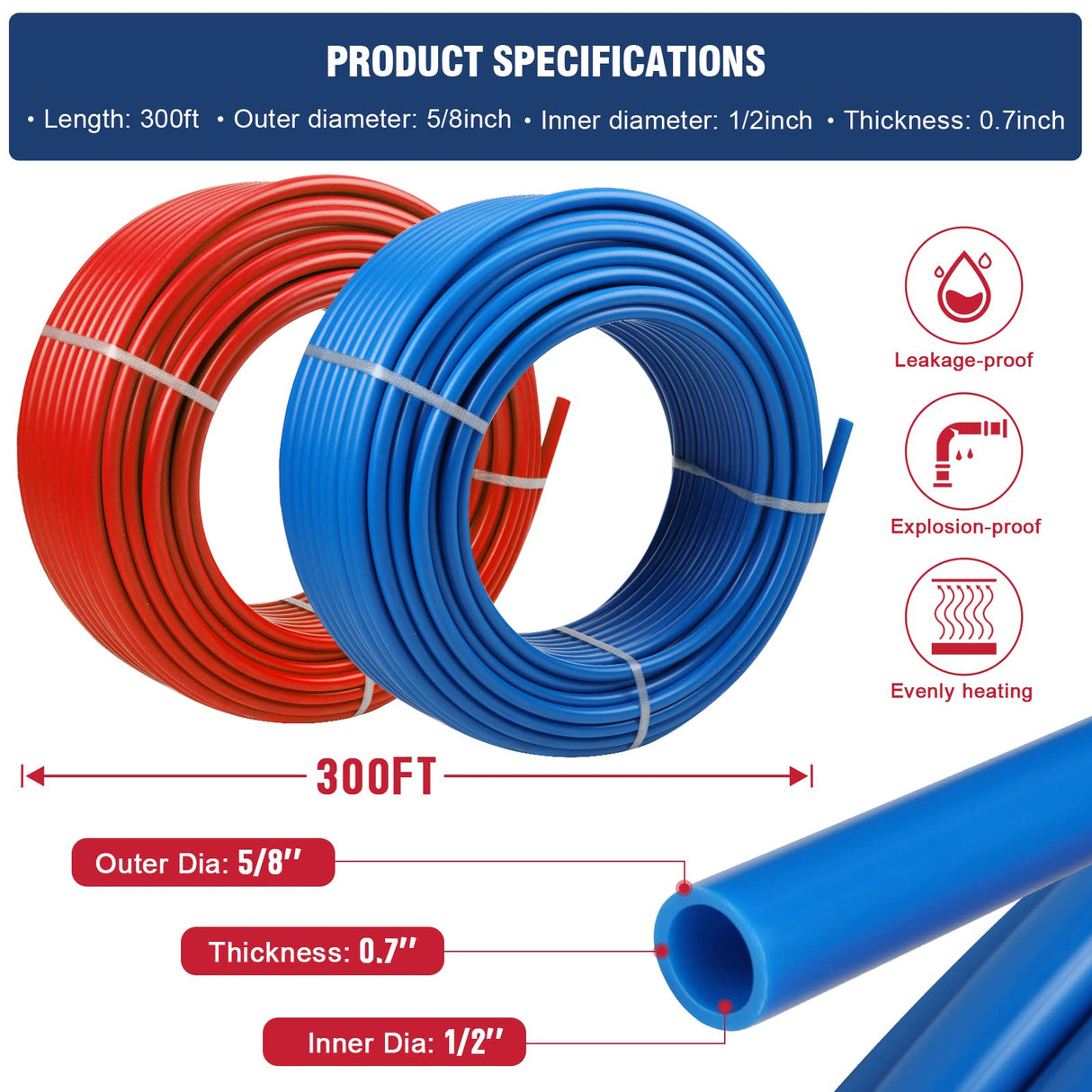 PEX Pipe 1/2 Inch 300ft 2 Rolls PEX Tubing EVOH PEX-B Pipe Non Oxygen Barrier Durable Leakage-Proof Flexible for Residential Water Lines in Homes PEX Radiant Heat Tubing(Red+Blue) Likeem
