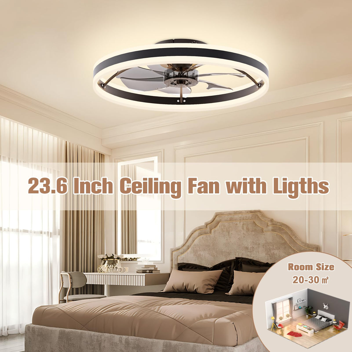 VOLISUN Low Profile Ceiling Fans with Lights and Remote, 23.6in Flush Mount Ceiling Fans with Light, 3000K-6500K Dimmable Fandelier LED Fan Light, Black Bladeless Ceiling Fans with Lights for Bedroom VOLISUN