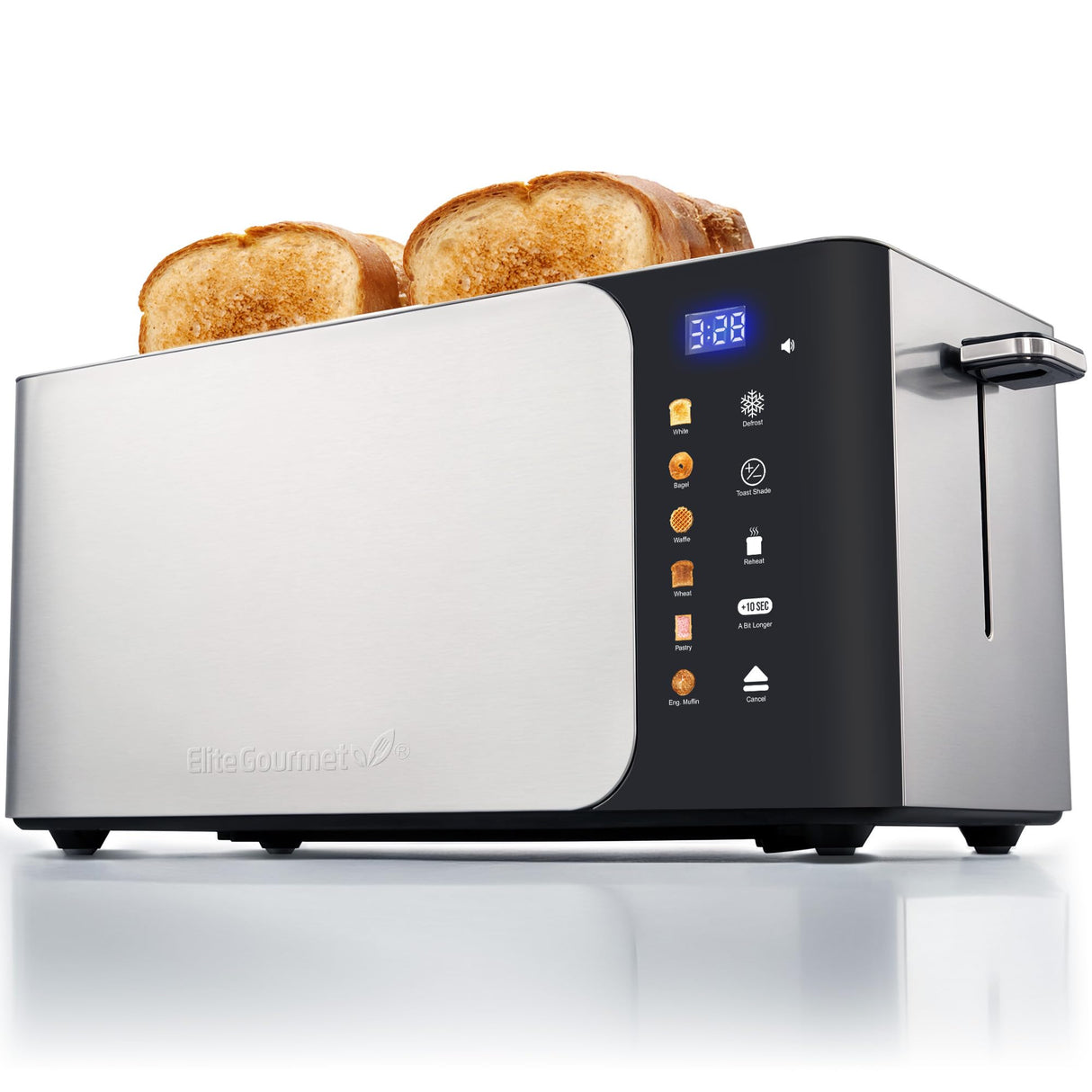 Elite Gourmet ECT5924D SmartToast Digital Long Slot 4 Slice Toaster, 1.5” Wide Slots for Thick Breads & Bagel Function, LED Touch Screen, Countdown Timer, 6 Shades, Stainless Steel Elite Gourmet