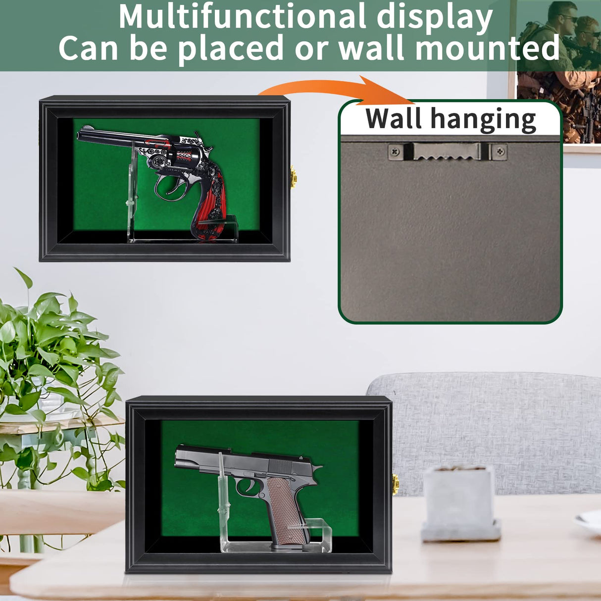 COMSREV Single Handgun Pistol Revolver Gun Display Case Wall Mount Lockable Black Felt Wood Cabinet w/ 98% UV Protection Acrylic Clear Door Gun Shadow Box Stand Rack Holder COMSREV