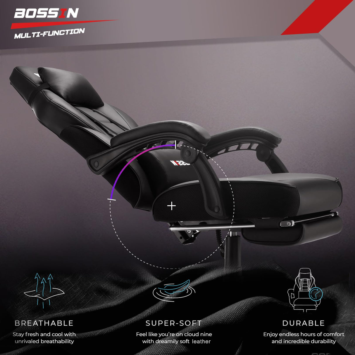 BOSSIN Gaming Chair with Massage, Ergonomic Heavy Duty Design with Footrest and Lumbar Support, Large Size Cushion High Back Office Chair, Big and Tall Gaming Computer Chair for Kids BOSSIN