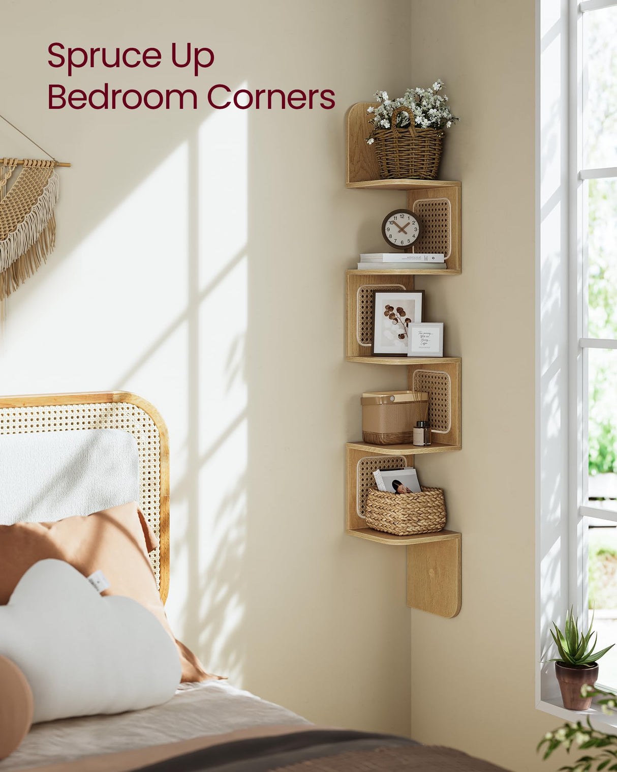 VASAGLE 5-Tier Corner Shelf, Wall Mounted Floating Shelf, Zigzag Corner Shelf Unit, PVC Rattan Sides, Space-Saving, for Kitchen, Living Room, Bedroom, Boho Style, Oak Beige ULLS582Y57 VASAGLE