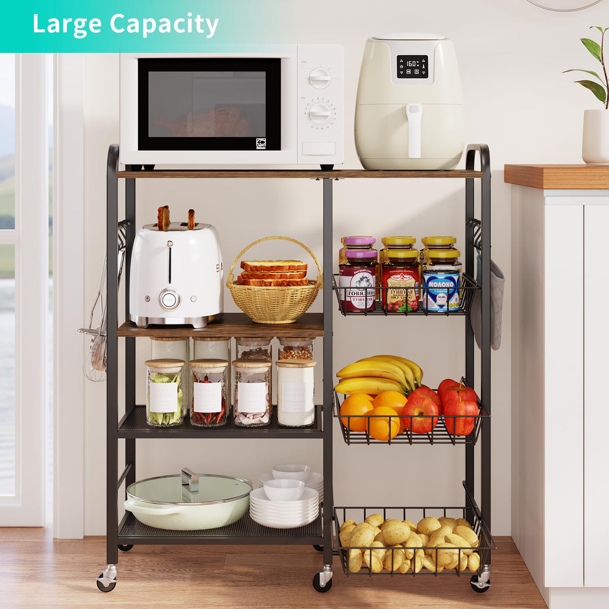 HapiRm Rolling Kitchen Microwave Cart - 4 Tier Microwave Table Stand with Pull-Out Baskets, Coffee Bar Baker's Rack with Wheels Rolling Storage Cart Organizer Shelf for Living Room Office, Balcony HapiRm