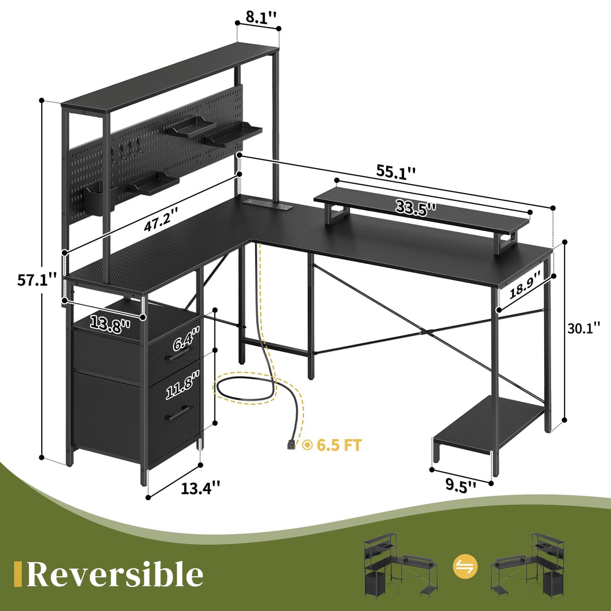 Yoobure L Shaped Desk with Pegboard, Reversible Computer Desk with Drawers & Storage Shelves, Gaming Desk with LED Lights & Power Outlets, Office Desk with Monitor Stand Corner Desk Home Office Desks Yoobure
