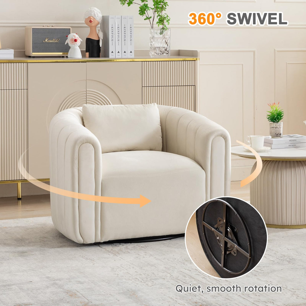 ANJ Swivel Barrel Chair Set of 2 with Plump Pillow, Modern Channel Dutch Velvet Accent Chair, Comfy Round Armchair, Swivel Accent Chair for Nursery Living Room Bedroom (Beige) ANJ