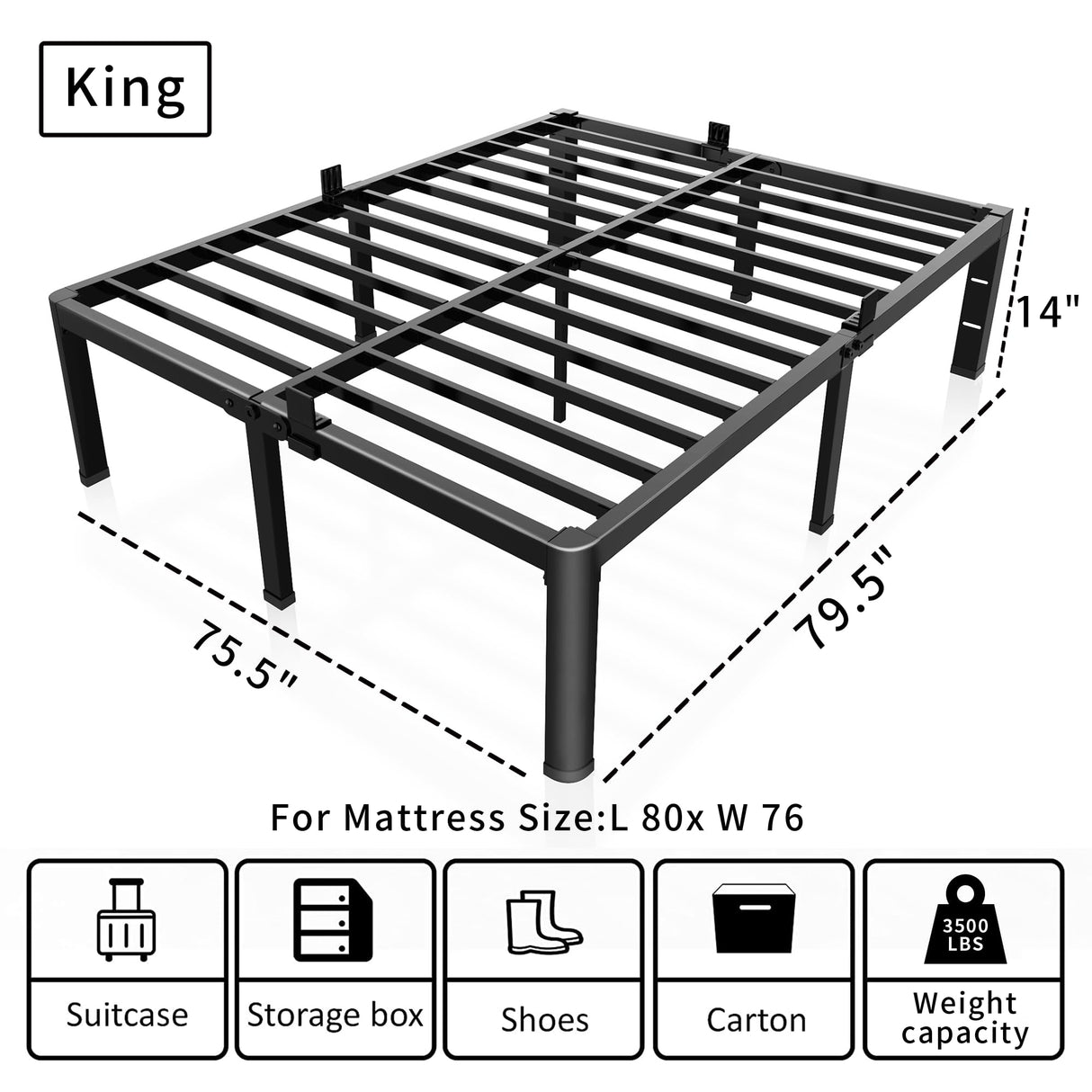ROIL 14 inch King Size Bed Frame Metal Platform No Box Spring Needed with Headboard Hole Round Corner Legs Mattress Stoppers Retainers 3500LBS Heavy Duty Steel Slats Noise-Free ROIL
