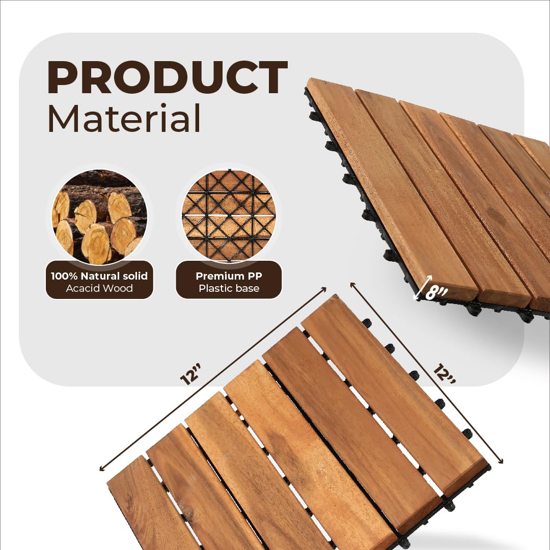Pack of 10 Deck Tiles - 12"x12" Interlocking Natural Solid Acacia Wood for Outdoor & Indoor, Patio Garden, Balcony, Poolside - Teak Color AN68