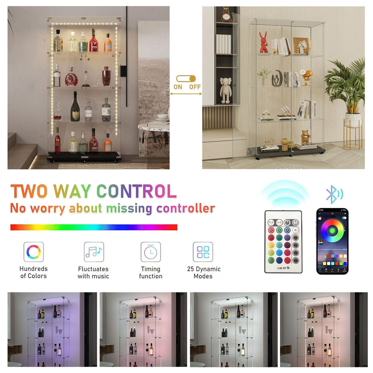 Glass Display Cabinet with 12 Color Lights and Lock 4-Tier 2-Door Curio Cabinets with Wheels Full Vision Showcase Tempered Glass Display Case for Living Room Bedroom Office, 65"*30.9"*13.6"Black Buzleer