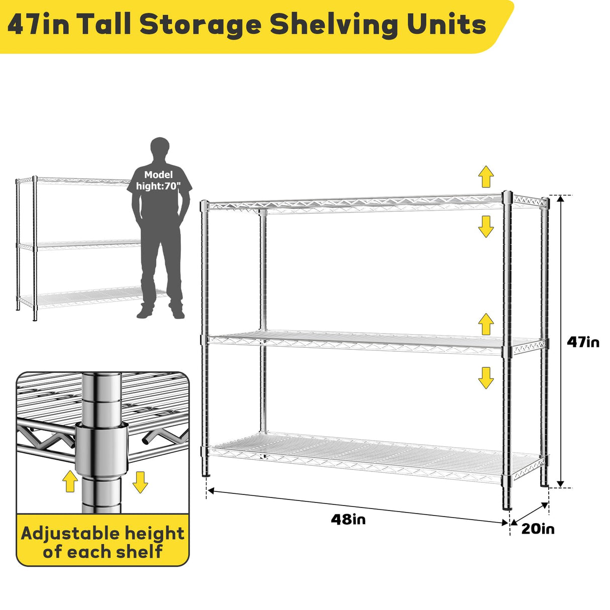 MODCART Storage Shelves, 48" L x 20" W x 47" H Heavy Duty Garage Wire Shelving Unit Loads 1200LBS, 3-Tier Adjustable Metal Industrial Utility Shelf Rack for Kitchen, Laundry Room, Basement MODCART