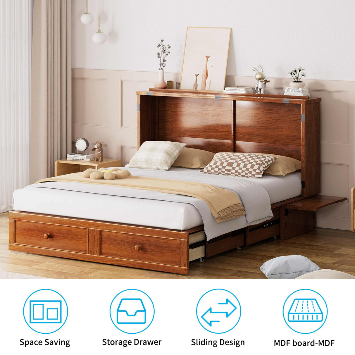 Mjkone Queen Murphy Bed Cabinet with Tri-Folding Mattress, Distressed Wooden 63" W Cabinets Wall Chest Beds with Built-in Charging Station & Storage Drawer for Office Guest Bedroom Living Room, Cherry Mjkone