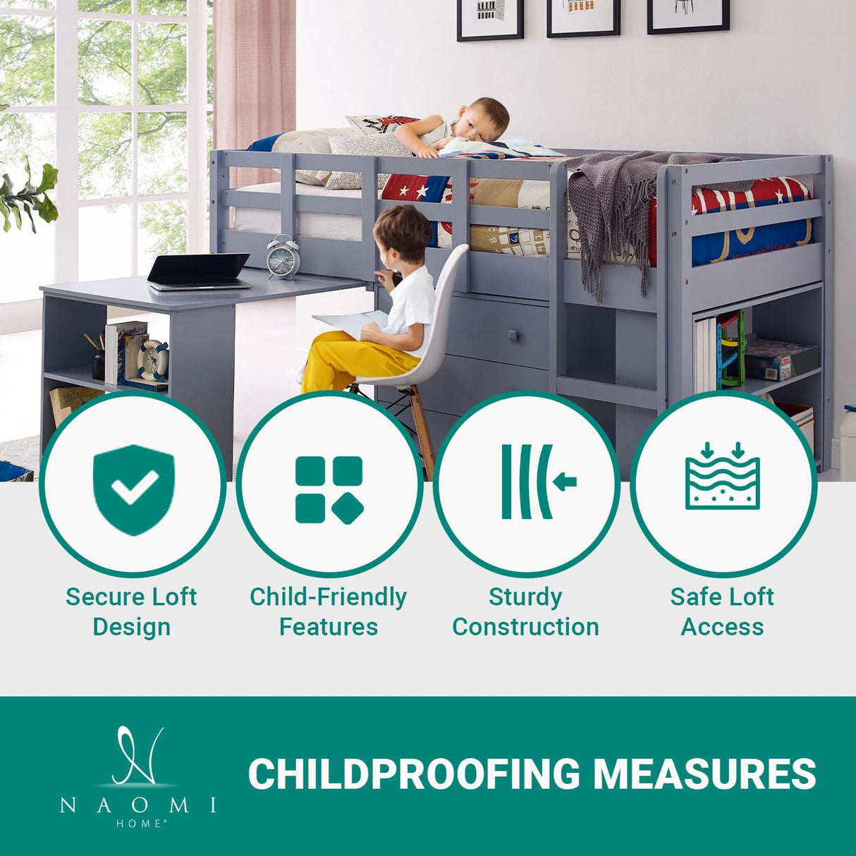 Naomi Home Low Loft Bed Twin Loft Bed with Desk and Storage Kids Beds for Boy Solid Pine Wood Toddler Loft Bed with Storage, Ladder Storage Guard Rails, No Box Spring Needed, Loft Bed Gray Naomi Home