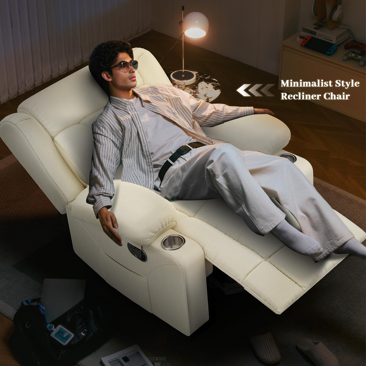 IROSTAE Recliner Chair for Adults, Oversized PU Leather Manual Pull Tab Reclining Chair with Cup Holders, Minimalist Style Single Sofa for Living Room, RV (Ivory White) IROSTAE