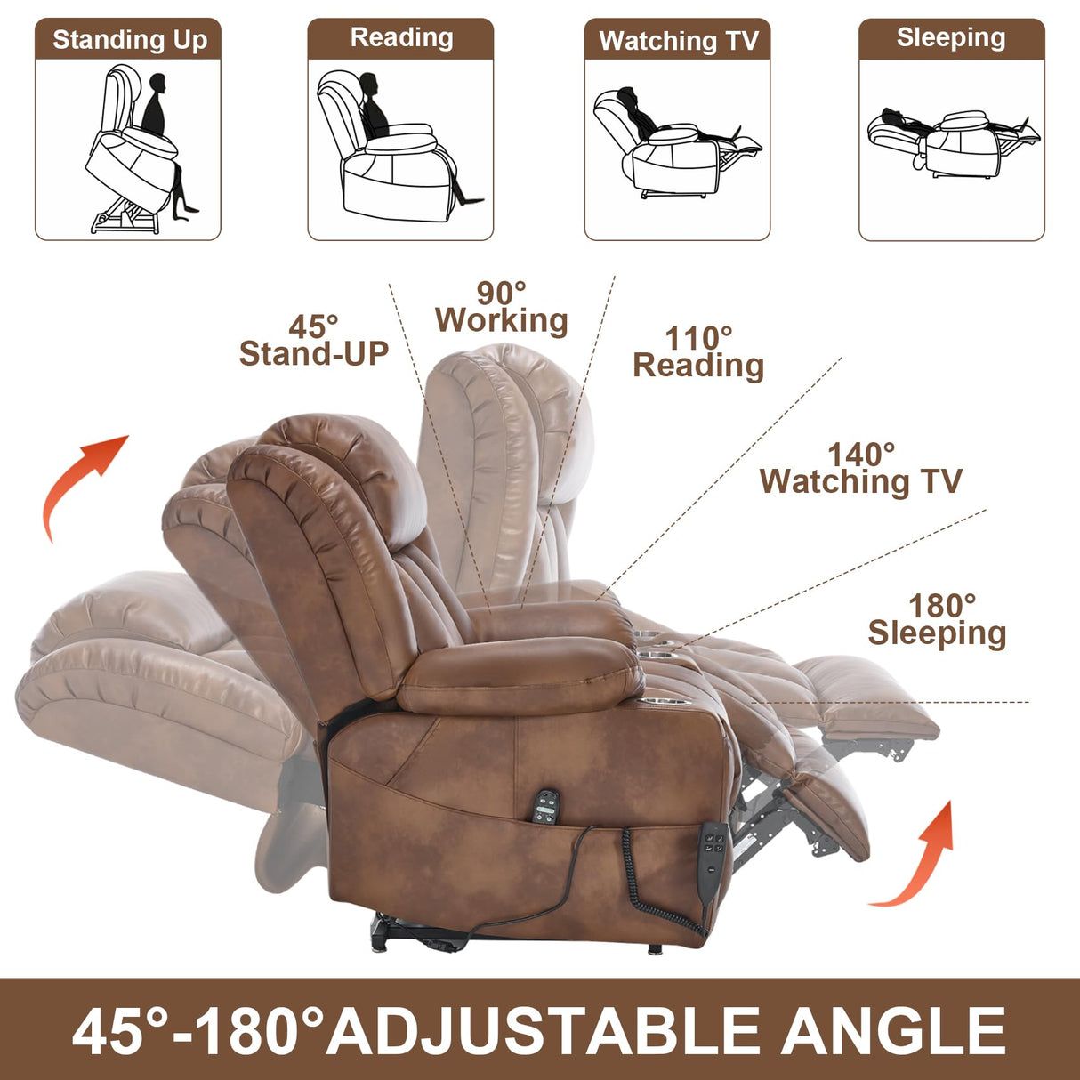 RHHVVR Electric Lift Chair Oversized, Dual Motor Power Lift Recliner Faux Leather Sofa with 8-Point Vibration Massage and Lumbar Heating, Stainless Steel Cup Holders for Elderly, Medium-Firm, Brown RHHVVR