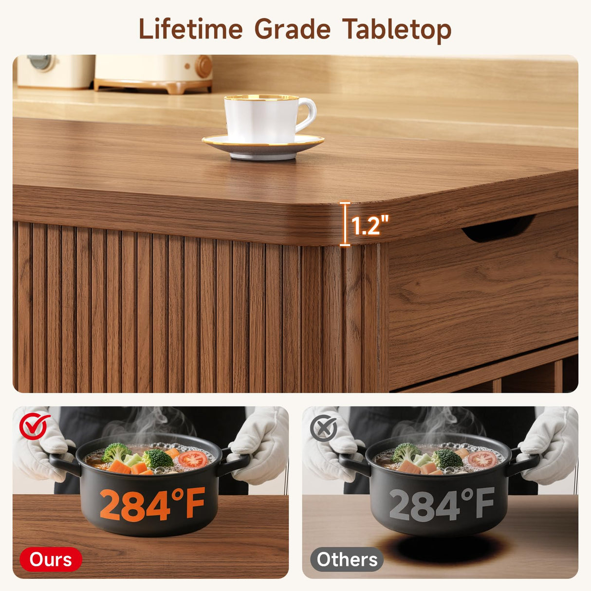 ONBRILL 59 Inch Kitchen Island with Storage, Fluted Counter Height Table, Mid-Century Modern Kitchen Island Table with Sliding Door, Home Bar Tables with Wine Rack and Drawers Walnut ONBRILL