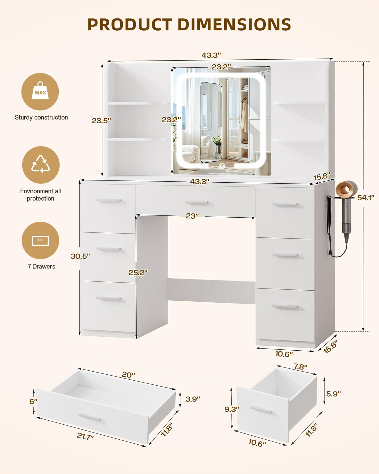 LIVELYGLOW Large Makeup Vanity Desk, 43.3”W x 15.7“D x 53.2”H, White (Large Desktop, Samrt LED Mirror, 4 Open Shelves, 7 Drawers, Hairdryer Rack, Power-Outlet, No Cushion Stool Included) LIVELYGLOW