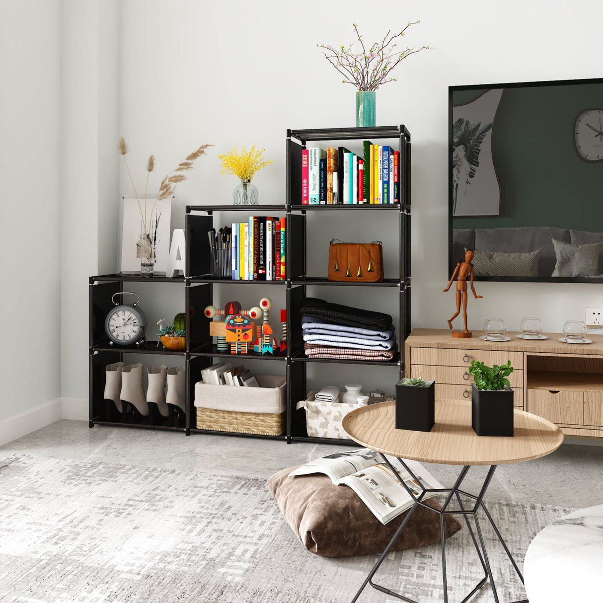 JIUYOTREE Portable Bookcase, 9 Cube Closet Storage Organizer Bookshelf,Clothes Storage for Living Room,Study Room,Bedroom, Black JIUYOTREE