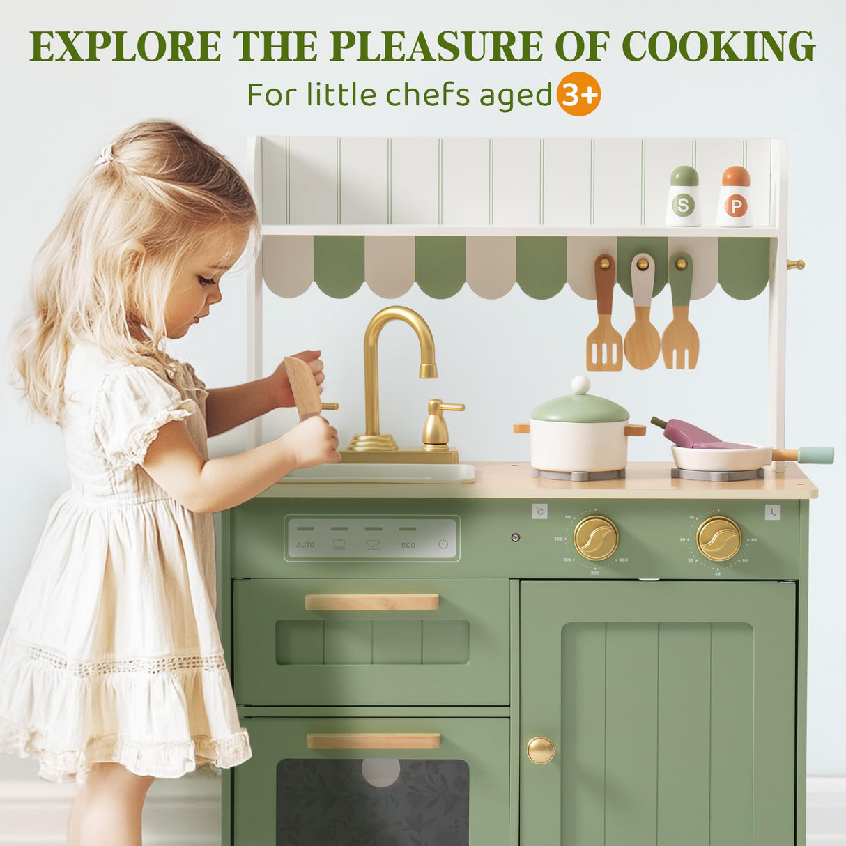 ROBOTIME Play Kitchen for Kids Toddlers, Wooden Pretend Play Kitchen Set Toy with Cutting Food Set, Toys Kitchen Gift for 3+ Year Old Kids, Girls & Boys ROBOTIME