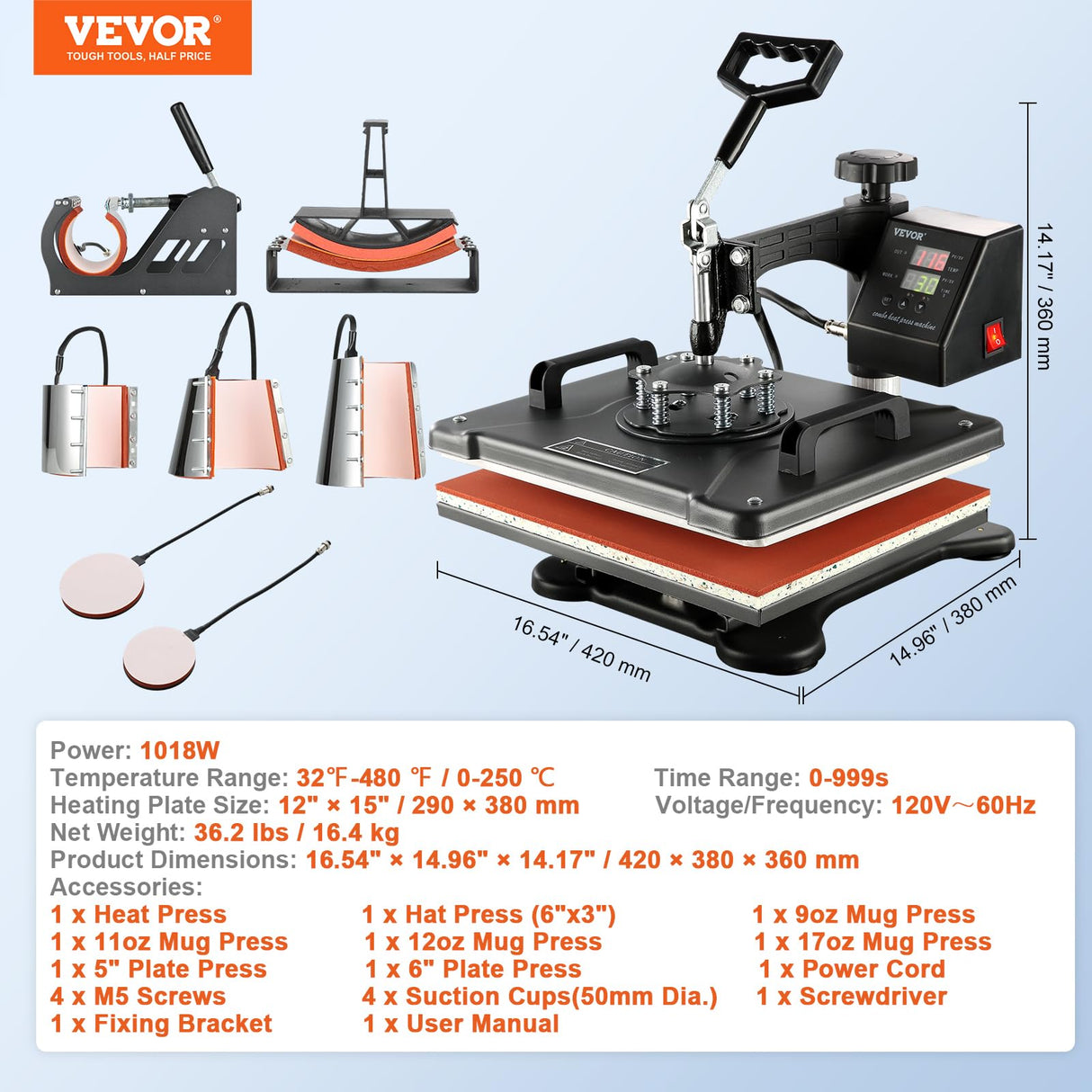 VEVOR 8 in 1 Heat Press Machine Combo, 360° Swing Away Tshirt Press Machine for Printing Hat Mug T Shirts Cap, 12x15 Digital Multifunctional Sublimation Heat Transfer Machine VEVOR